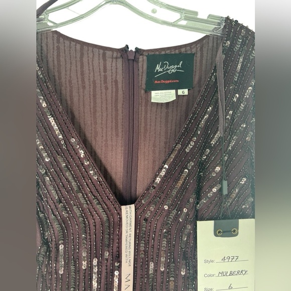 NWT Mac Duggal V Neck Sequined Illusion Long Sleeve A Line Gown Plum 6 - Picture 5 of 10